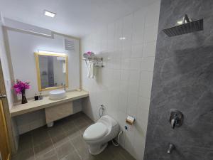 a bathroom with a toilet and a sink and a shower at Dhiffushi Reef & Beach in Dhiffushi
