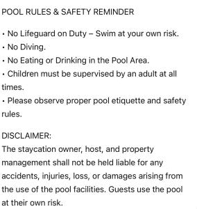 a screenshot of a cell phone of the pool rules and safety reminder at Green 2 SMDC - STUDIO TYPE Condo - Gems Suite Staycation in Dasmariñas