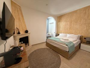 a bedroom with a bed and a tv and a fireplace at Holmann Haus in Olbia