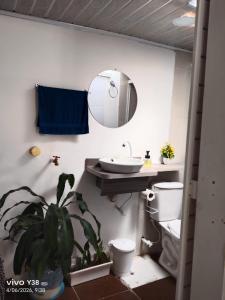 a bathroom with a sink and a toilet and a mirror at Apartamento completo Santa Rosa de Cabal in Santa Rosa de Cabal