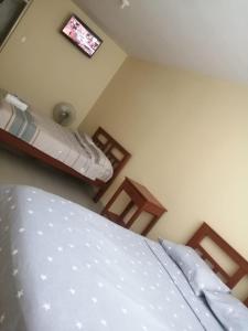 a bedroom with a bed and a tv on the wall at Hospedaje San Valentin in Capitan Concha +2 photos