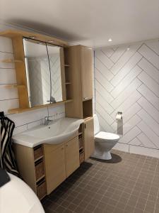 a bathroom with a sink and a toilet at Mysigt litet hus in Näsum