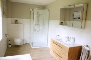 a bathroom with a sink and a shower at Hof Muhs in Stakendorf +28 photos