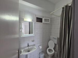 a bathroom with a sink and a toilet and a mirror at Sunset Apartments & Studios in Limenaria
