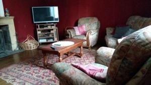 a living room with chairs and a table and a tv at Gîte de la Buissonniere in Grand-Failly