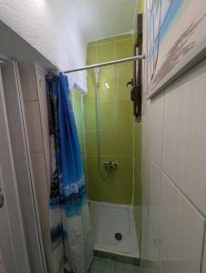 a small bathroom with a shower and a toilet at Angel Room 1 in Nea Plagia