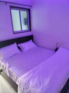 a bedroom with two beds with purple walls and a window at PATEL,s Home Stay in Navgam