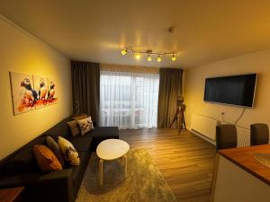 a living room with a couch and a flat screen tv at Puffin rock in Vestmannaeyjar