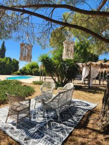 a table and chairs under a tree in a yard at Lodge Monte Do Sobral in Alcáçovas