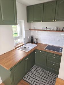 a kitchen with green cabinets and a sink at Holiday Home Kostandinovic in Modriča