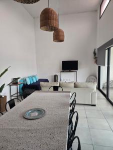 a living room with a table and a couch at Loft Amplio y moderno con parque CASARENT in Carlos Casares