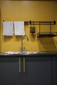 a kitchen counter with a sink and towels on hooks at SixCheapStreet in Newbury +24 photos