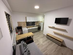 a room with a kitchen and a living room at Silver Residence Caracal in Caracal