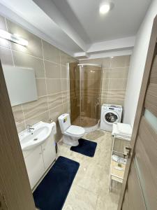 a bathroom with a sink toilet and a washing machine at Silver Residence Caracal in Caracal +14 photos
