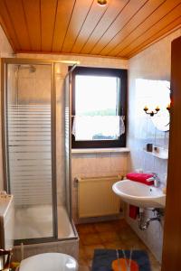 a bathroom with a shower and a toilet and a sink at Übernachten im Café Restaurant Vedder in Herscheid +55 photos