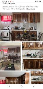 a collage of photos of a kitchen and a living room at Kami's serenity suit in Port Maria
