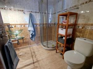 a bathroom with a shower and a toilet and a sink at Campello Muchavista Beach in El Campello +24 photos
