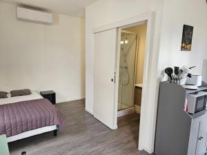 a bedroom with a bed and a walk in shower at Studio in Bonny-sur-Loire