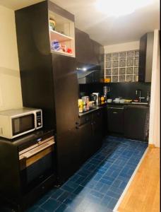 a kitchen with black cabinets and a microwave at Les Marais 2 in Le Pré-Saint-Gervais +4 photos
