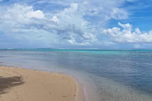 a beach with the ocean and a cloudy sky at Fare Heimery - Private Lagoon Beach in Haapiti