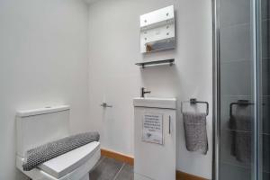 a white bathroom with a toilet and a shower at Modern Large 4-Bed Property sleeps 10 in Abergele in Abergele +23 photos
