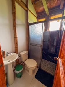 a bathroom with a shower and a toilet and a sink at Cabaña ALAK in La Vega