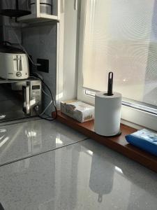 a kitchen counter with a window and a cup with a toothbrush at Zen aeroport in Sînnicoară