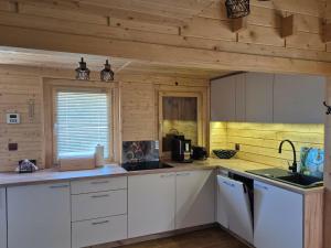a kitchen with white cabinets and a wooden wall at Domek pod Wierzbami in Leleszki