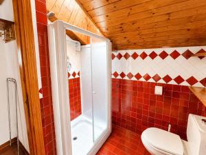 a bathroom with a shower and a toilet at Residence Borgo Al Sole in Sappada