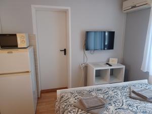 a bedroom with a bed and a tv on the wall at Apartmani Sidro in Privlaka