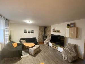 a living room with a couch and a table at Apartmán U Jiroutů in Rokytnice v Orlických Horách