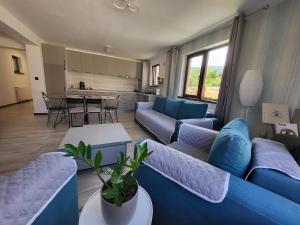 a living room with blue couches and a kitchen at Casa Anima Călimănești Căciulata in Călimăneşti