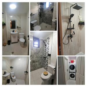 a collage of four pictures of a bathroom at къща за гости Горски чар in Beli Osŭm +35 photos