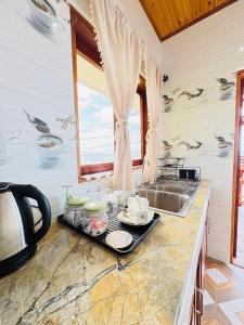 a kitchen counter with a tray of dishes and a sink at La Vue De Mer in La Digue +104 photos