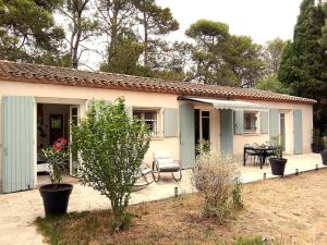 a small blue and white house with a patio at Le murmure des pins in Villemoustaussou