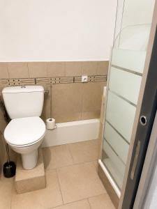 a bathroom with a toilet and a shower at Le Refuge de la Tour entre mer et ciel in Porri