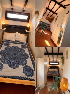 two pictures of a bedroom with a bed and a dining room at Mansarda sopra i canali in Piombino +4 photos