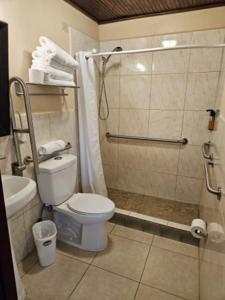 a bathroom with a shower and a toilet and a sink at I Love Combate Rooms & Suites in Boqueron +27 photos