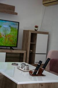 a living room with a table with two remote controls at Zeleni dom in Brestovac