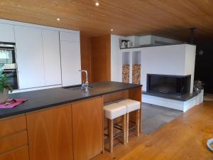 a kitchen with a counter and a sink and a stove at Appartment Waldtraum in Au im Bregenzerwald