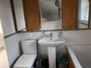 a bathroom with a toilet and a sink and a mirror at 3 Bed House - Sleeps 6 - Parking - Garden - WIfi in Pont-Nedd-Fechan +10 photos