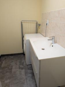 a bathroom with a sink and a washing machine at Gîte LM in Bourbonne-les-Bains
