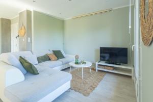 a living room with a couch and a tv at Duplex de Bandol - Plages et port à pied in Bandol