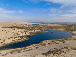 an aerial view of a body of water in the desert at Safarova Tours in Fayoum