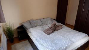 a bed with a towel on top of it at Apartmán Daniela in Bansko