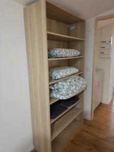 a book shelf with three pillows in a room at T2 proche gare & centre ville climatisé in Castres
