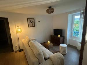 a living room with a couch and a television at Le Gîte Chez Mémé in Lavelanet