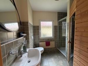 a bathroom with a sink and a toilet and a shower at Ferienhaus Seestern direkt am Plauer See in Plau am See +18 photos