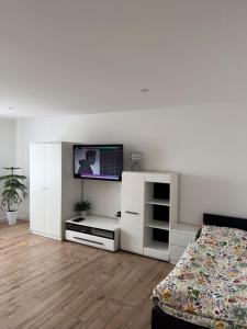 a bedroom with a bed and a flat screen tv at Agroturystka Nowotny in Zawada Książęca