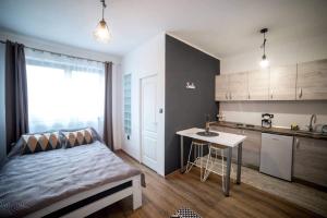 a bedroom with a bed and a table and a kitchen at Bara Apartment and Studio in Gheorgheni